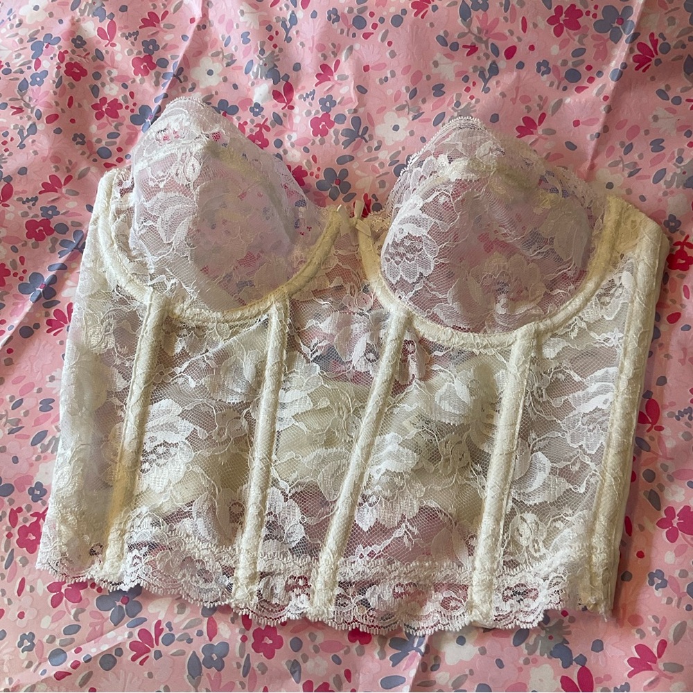 Vintage JCPenney 34C strapless Sheer White Lace low back Boning Bustier Corset